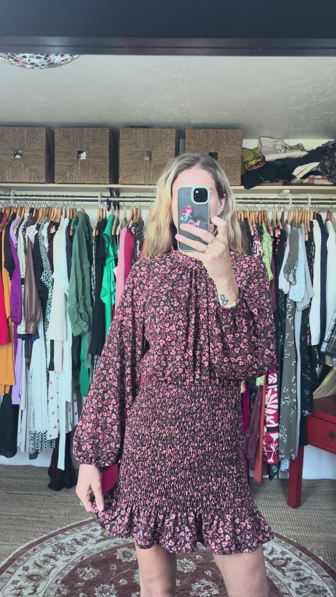 Zara Purple Pink Floral Shirred Mock Neck Long Sleeve Ruffle Mini Dress