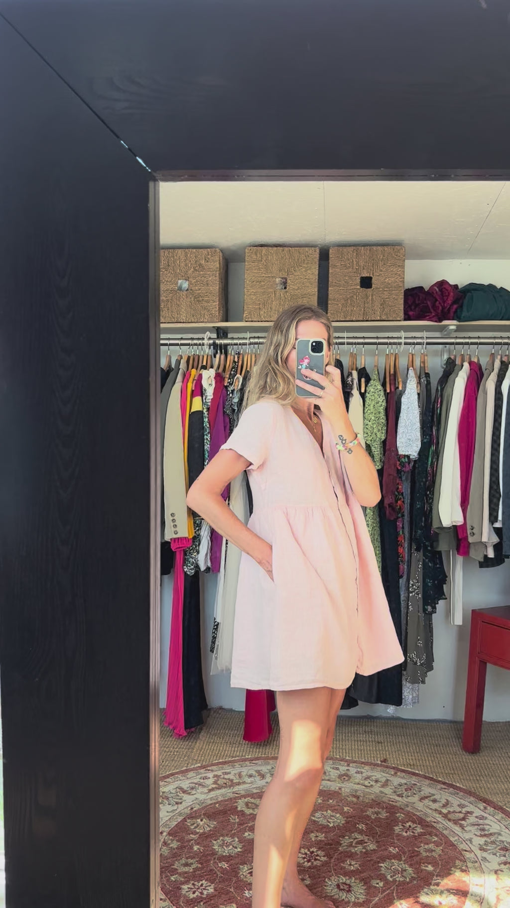 Jillian Harris x PRIV Dusty Light Pink Linen Button Down Oversized Lightweight Minimalist Mini Shirt Dress with Pockets