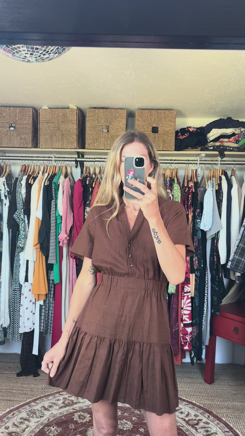 RW & CO Chocolate Linen Blend Tiered Brown Short Sleeve Ruffle Button Down Mini Dress