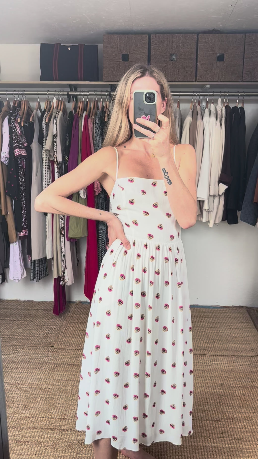 Babaton Aritzia Noel White Floral Print Spaghetti Strap Midi Dress