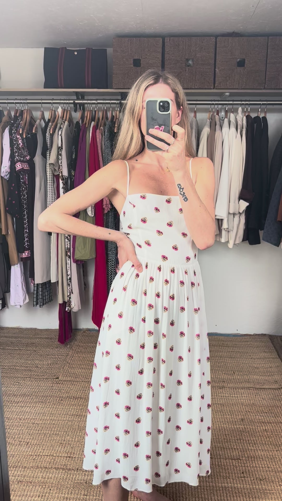 Babaton Aritzia Noel White Floral Print Spaghetti Strap Midi Dress