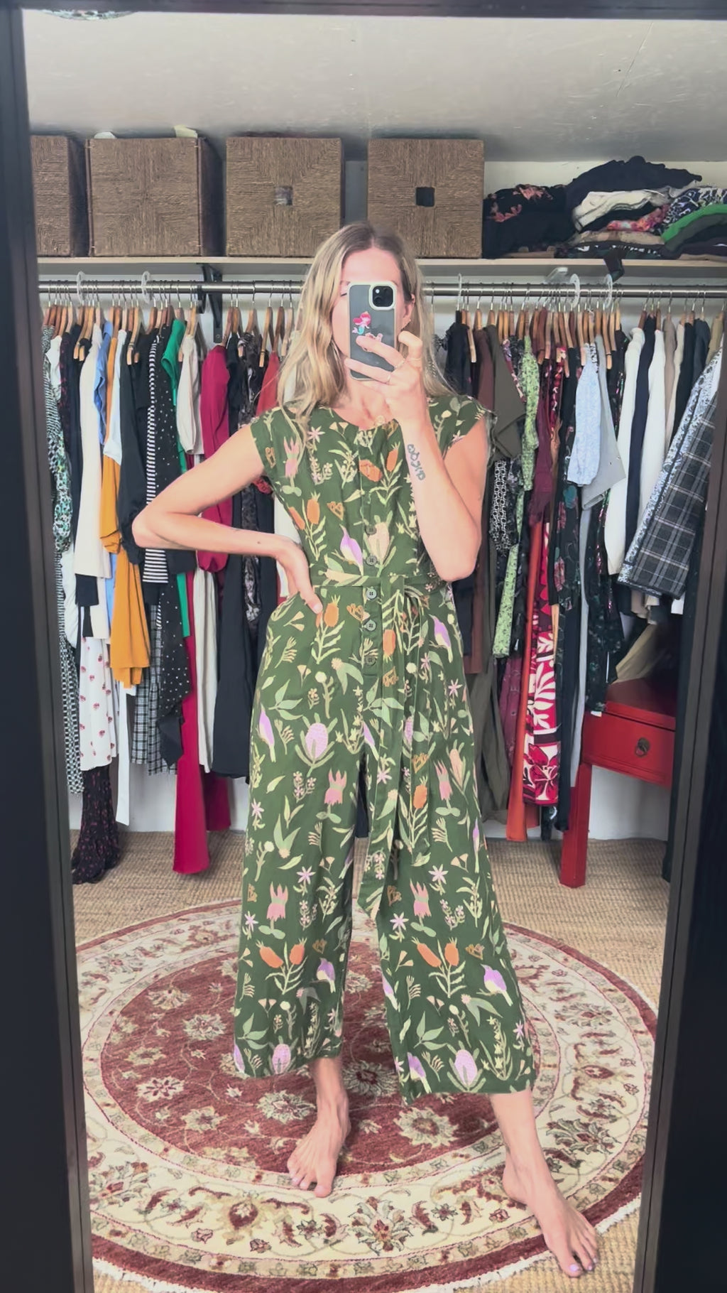 Princess Highway Linen Blend Green Floral Bird Botanical Print Sleeveless Button Down Belted Wide Leg Jumpsuit