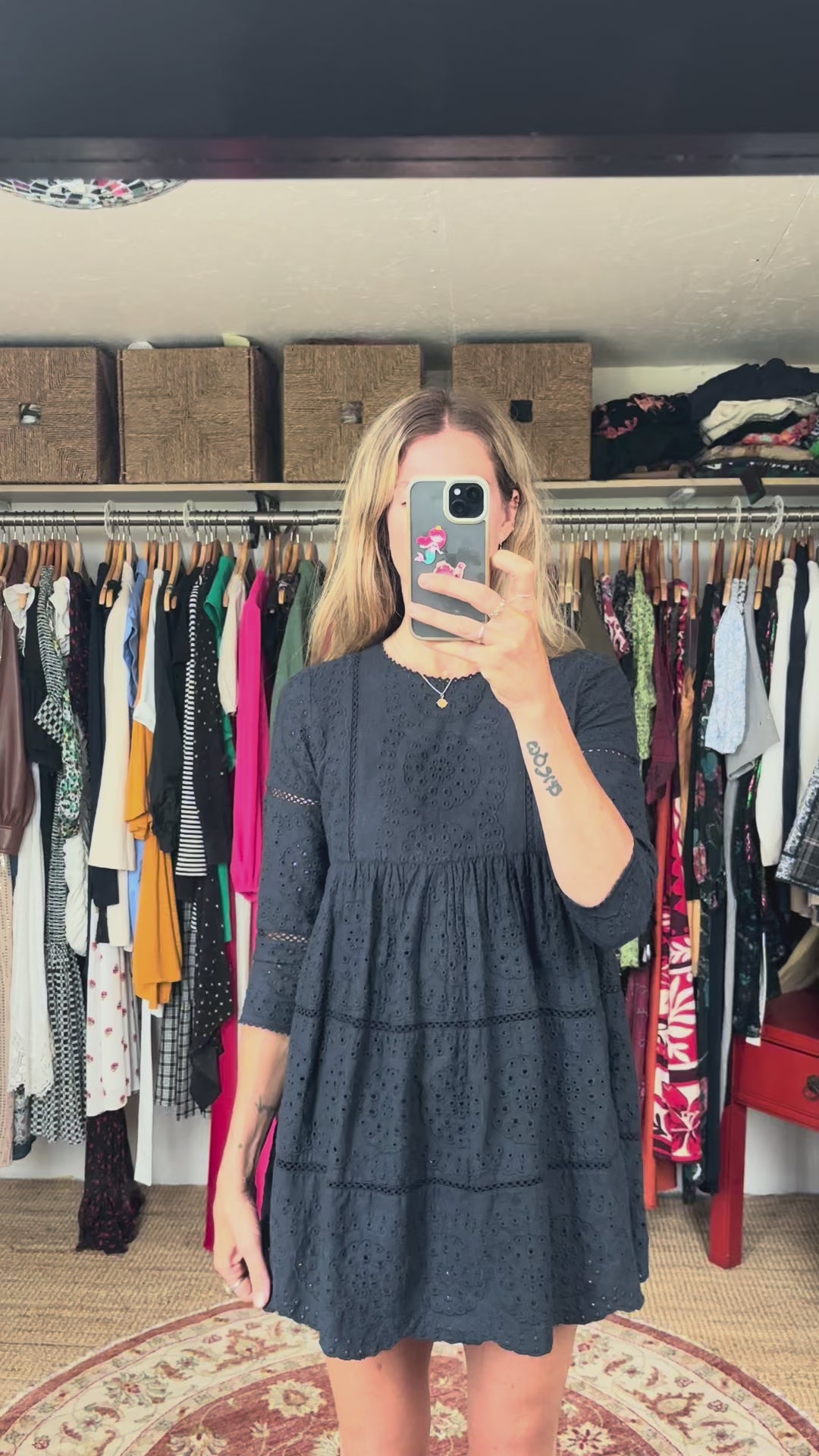 Vintage Zara Navy Blue Eyelet Tiered Babydoll Mini Dress