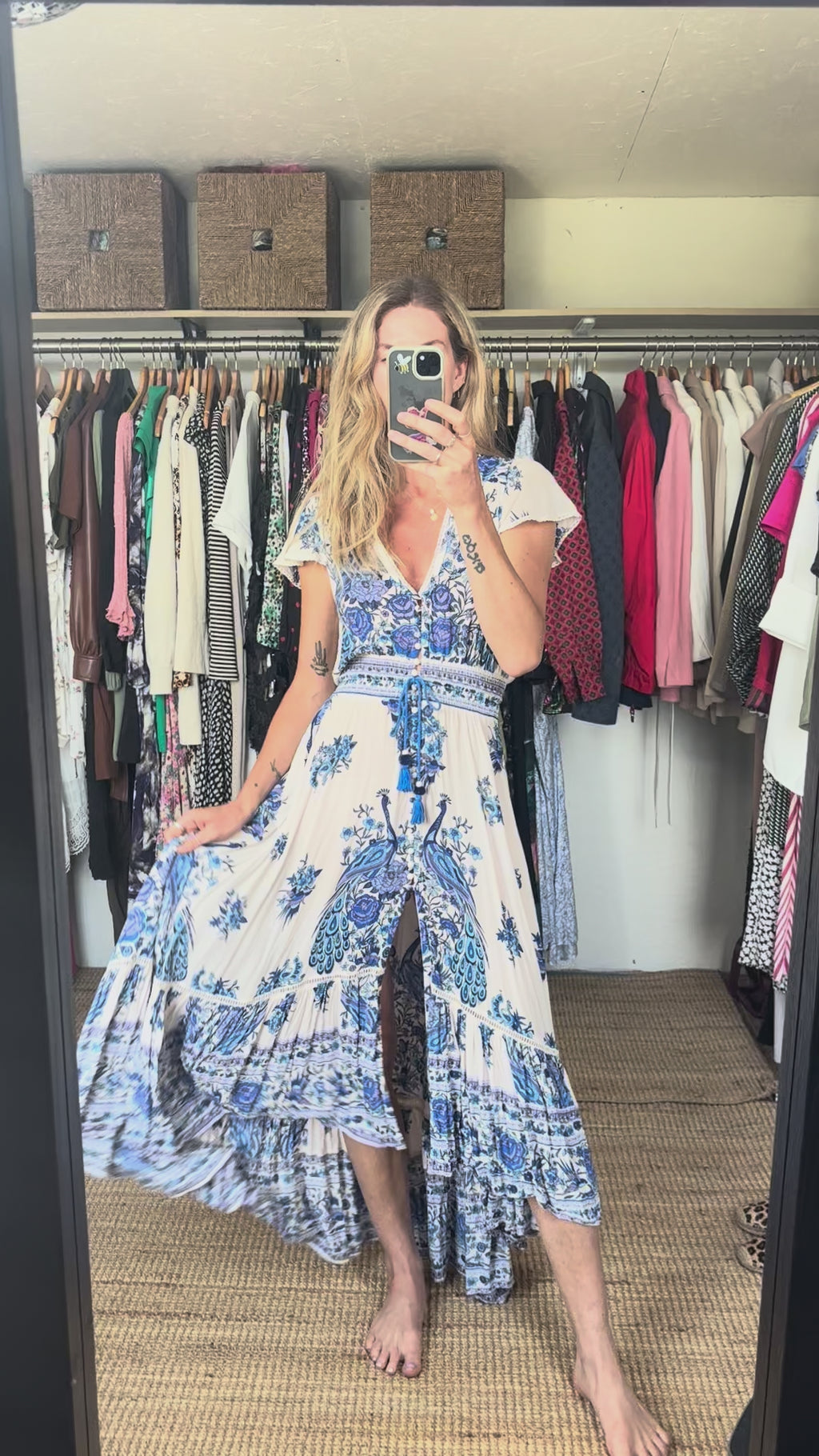 Vintage Spell and the Gypsy Collective Designs Boho Ruffle Peacock Hotel Paradiso Bluebird Maxi Gown