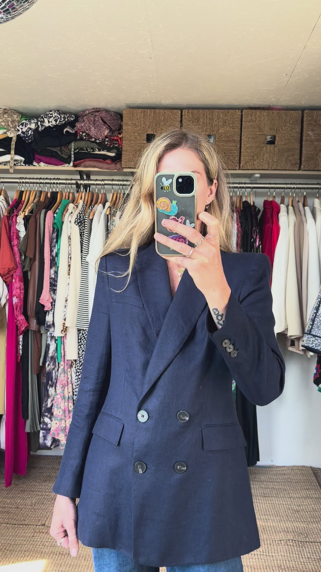 Zara Dark Navy Blue 100% Linen Long Double Breasted Lightweight Blazer Jacket