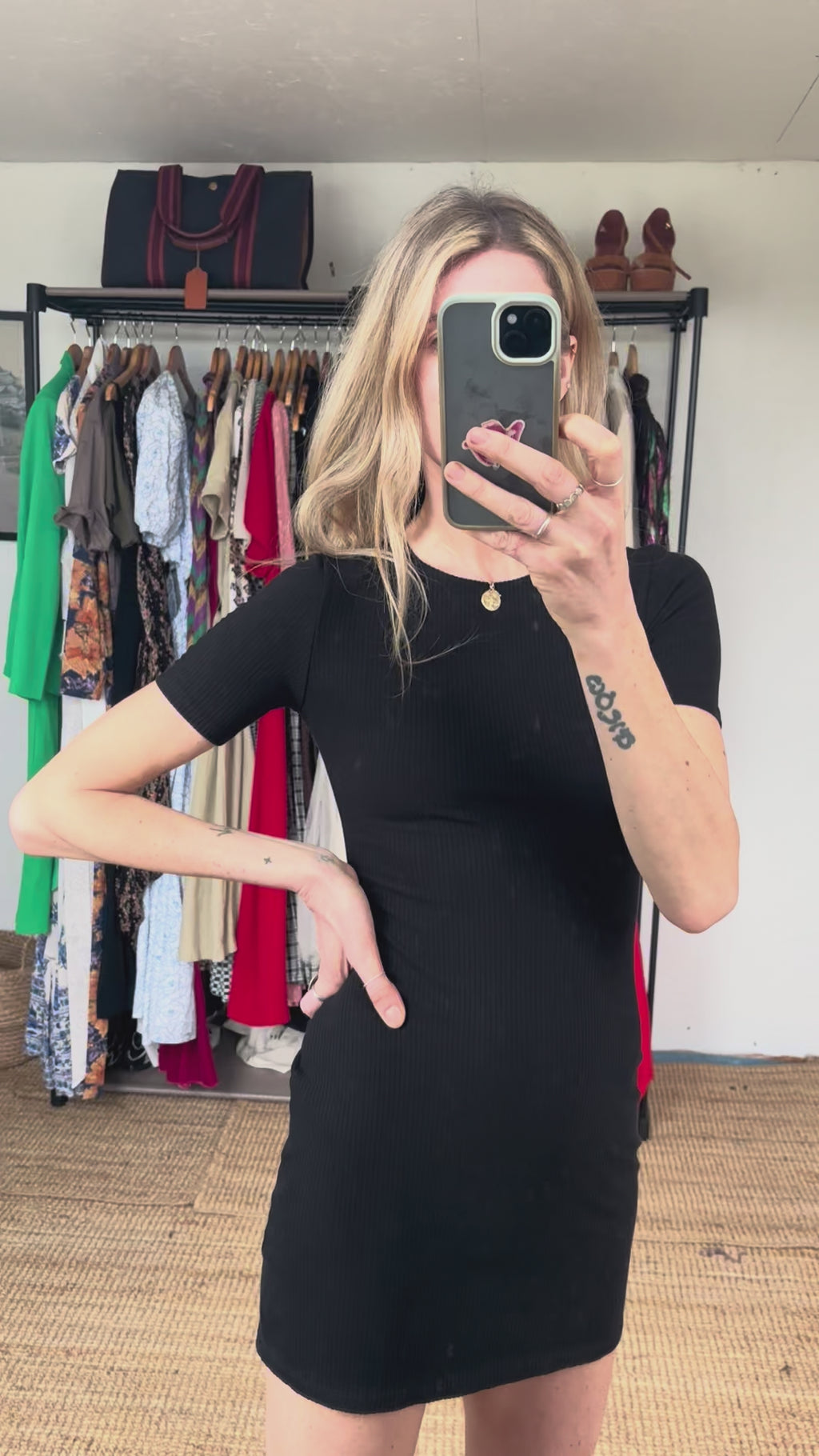 Reformation Black Kennedy Ribbed Contour Bodycon Short Sleeve T Shirt Mini Dress