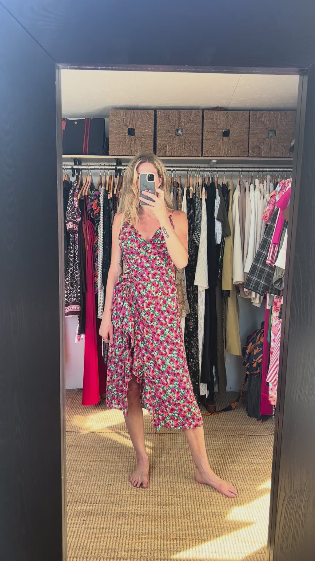 Olivia + James Pink Floral V Neck Ruffle Slit Ruched Spaghetti Strap Midi Dress