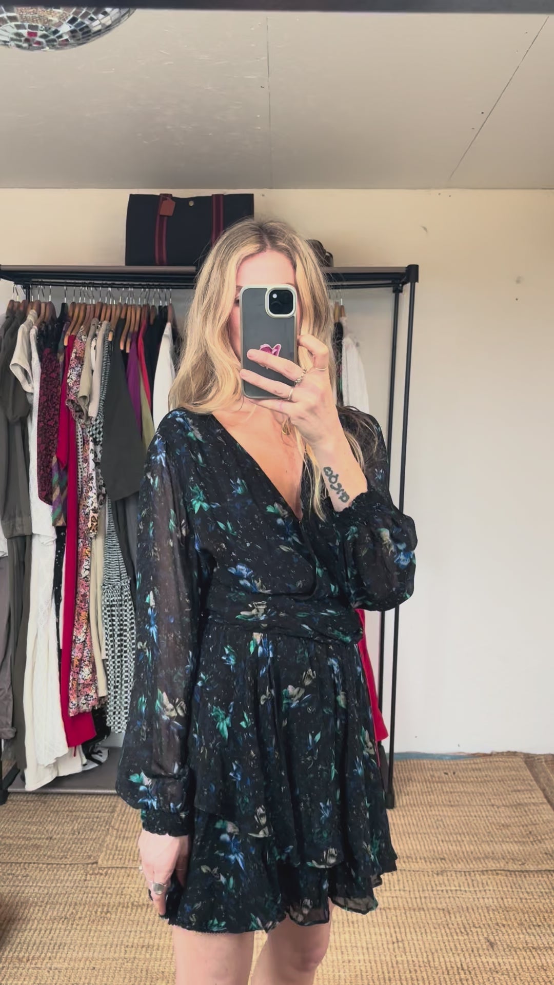 Anthropologie Blue Floral Long Sleeve V Neck Ruched Flowy Mini Boho Dress