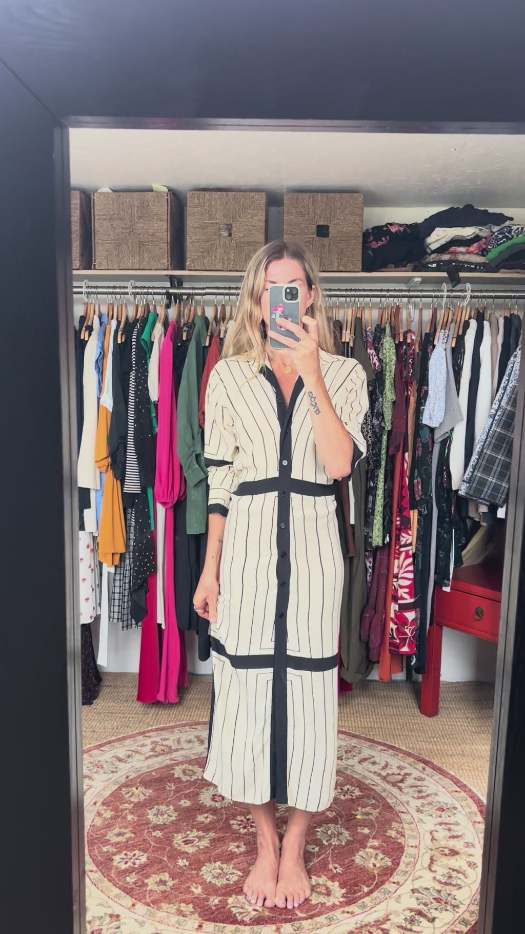 Zara Bloggers FavenCream and Black Stripe Long Sleeve Collared Button Down Midi Shirt Dress
