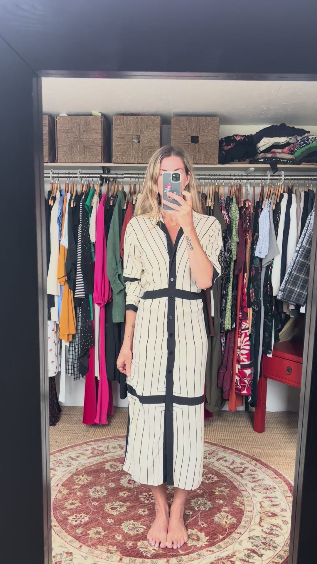 Zara Bloggers FavenCream and Black Stripe Long Sleeve Collared Button Down Midi Shirt Dress