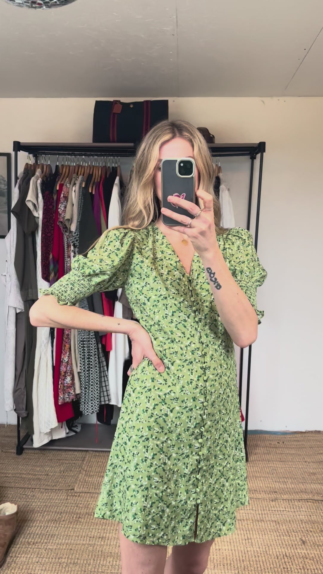 Reformation Green Alison Floral Button Down Short Puff Sleeve Mini Sun Dress