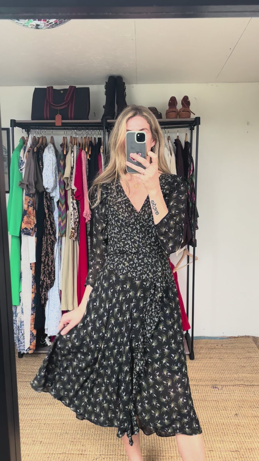 Anthropologie's Bailey 44 Ophelia Black Floral Print Ruffle Midi V Neck Boho Dress