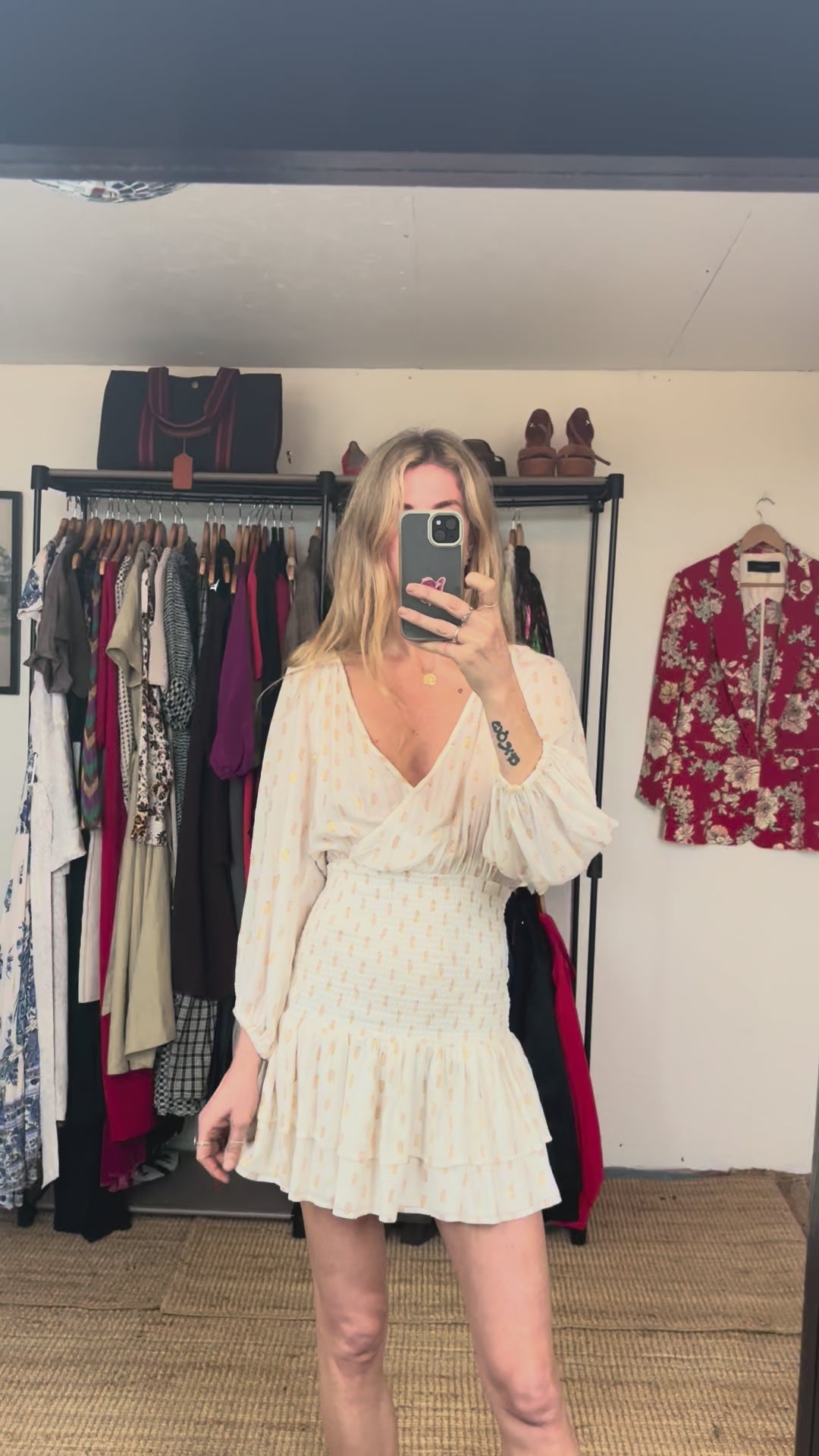 Revolve's Suboo Mae Metallic Gold Cream Puff Sleeve Shirred Ruffle V Neck Mini Dress