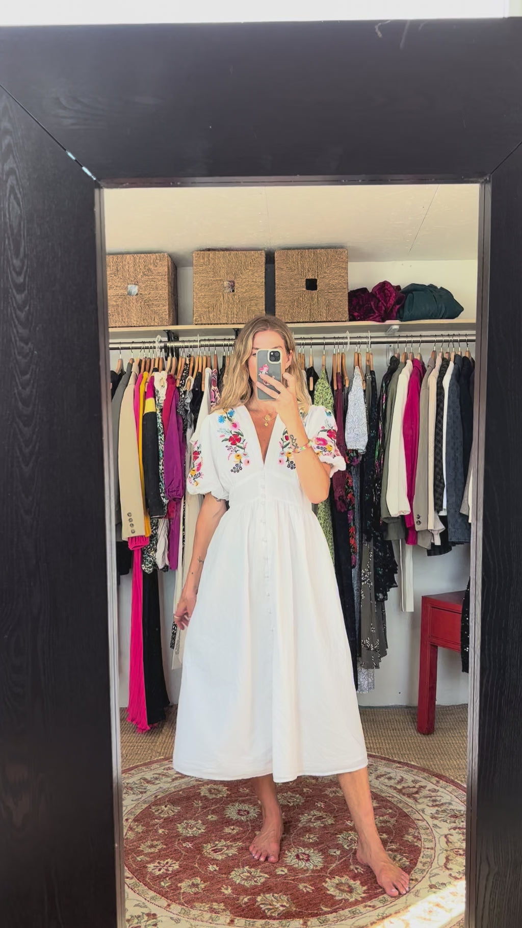 Nobody’s Child 100% Cotton Boho White V Neck Button Down Puff Sleeve Floral Embroidered Midi Dress