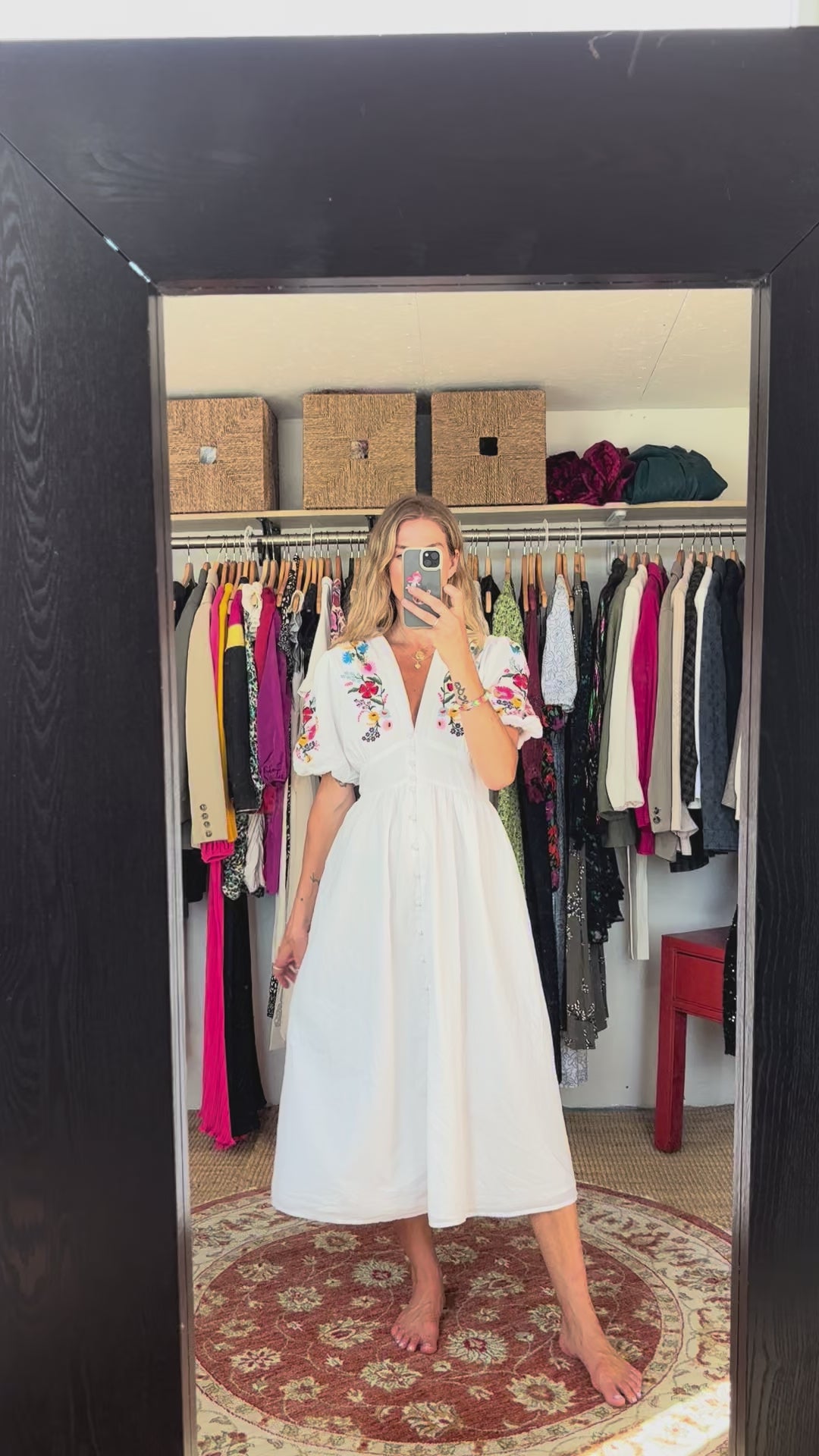 Nobody’s Child 100% Cotton Boho White V Neck Button Down Puff Sleeve Floral Embroidered Midi Dress