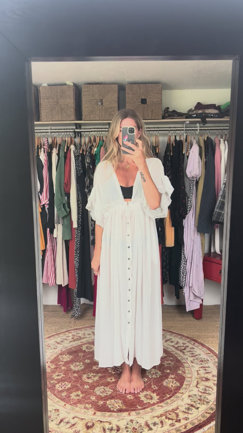 No tag White Semi Sheer Maxi Boho Coverup Button Down Ruffle Dress Adjustable Drawstring