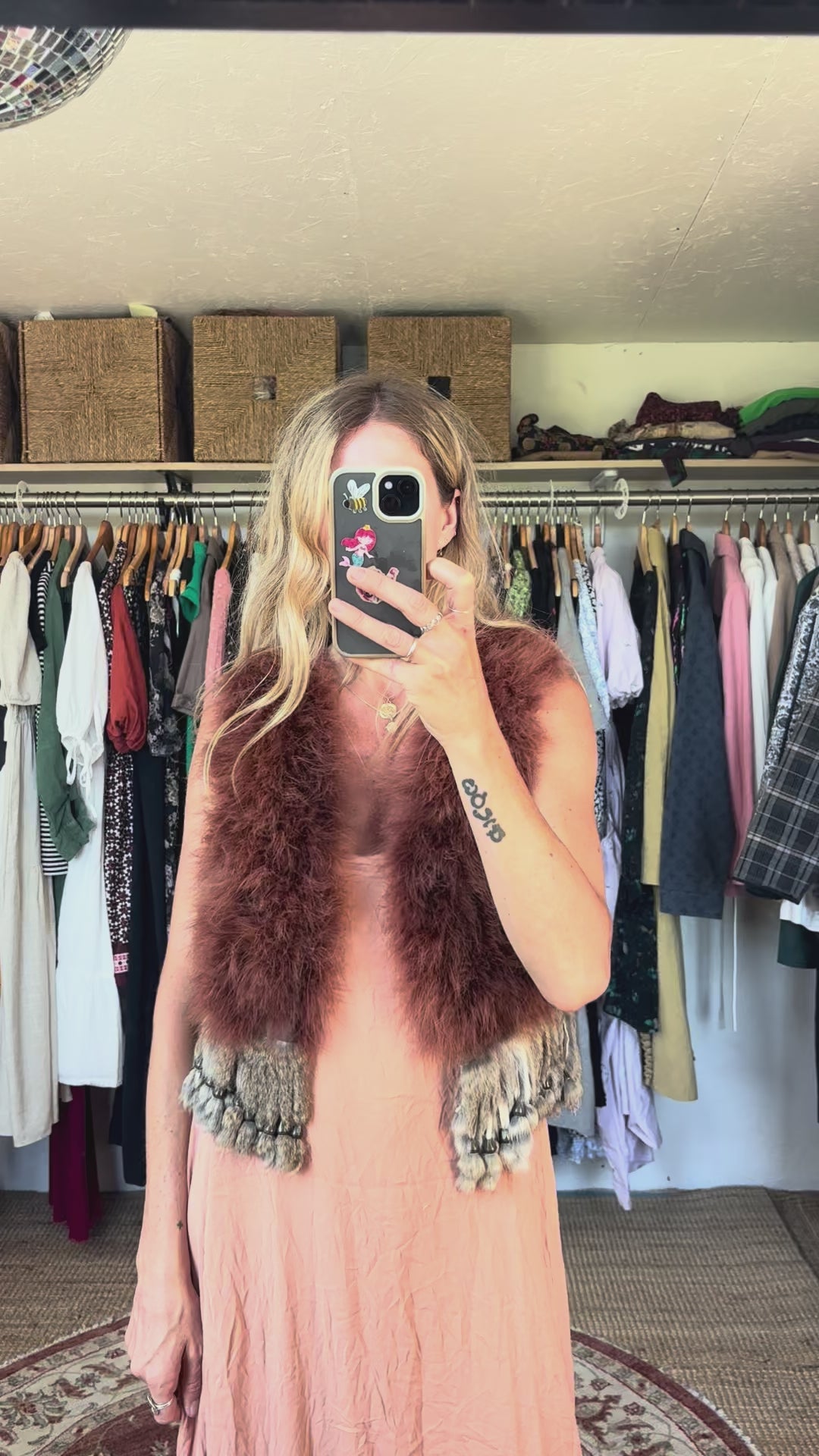 Vintage Banner Barrett Dusty Brown Pink Ostrich Feather Rabbit Fur Beaded Tassel Festival Boho Gilet Vest