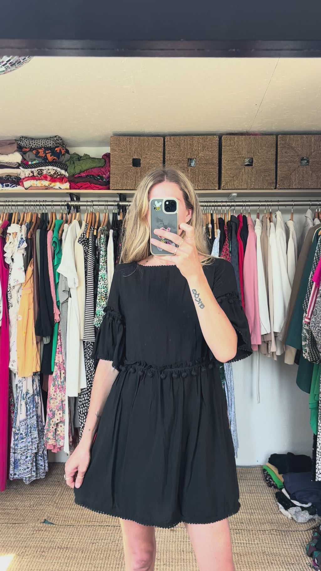 Club Monaco Linen Blend Black Pom Pom Trim Mini Boho Dress with Pockets