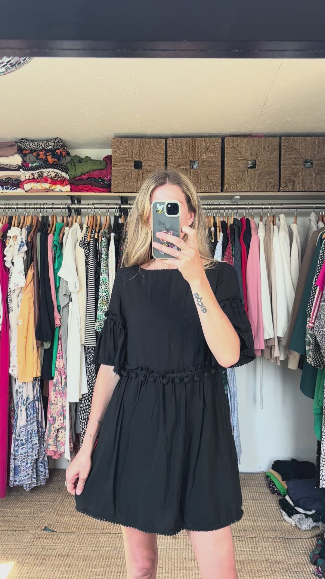 Club Monaco Linen Blend Black Pom Pom Trim Mini Boho Dress with Pockets