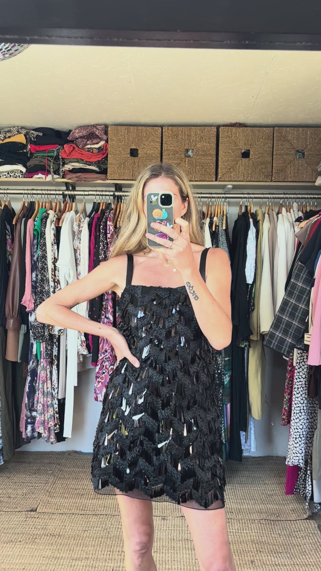 Zara Bloggers Fave Black Sequin Textured Spaghetti Strap Mini Slip Dress