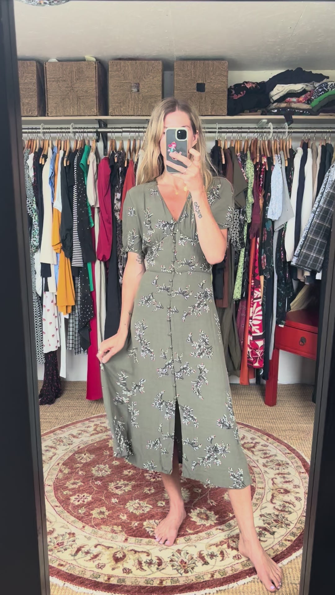 Jigsaw Sophelia Olive Grey Green Floral Print Button Down Short Sleeve Midi Maxi Tea Dress