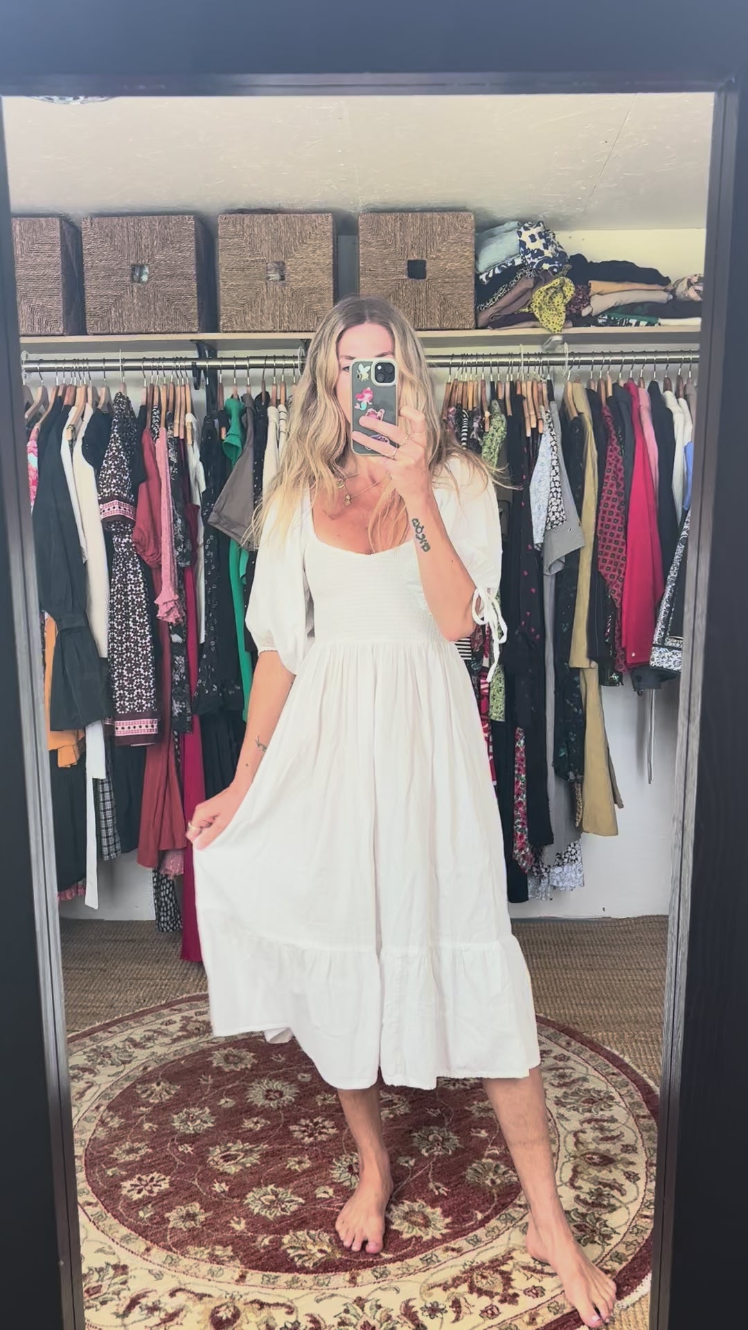 Accessorize London White 100% Cotton Boho Puff Sleeve Midi Maxi Shirred Bodice Square Neckline Ruffle Dress