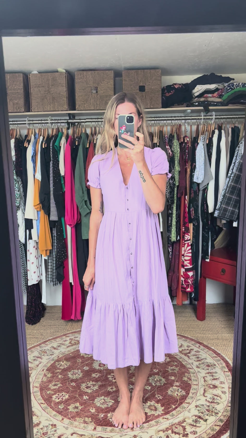 Linda Mulata Linen Blend Lilac Lavender Purple Ruffle Button Down Tiered Midi Dress