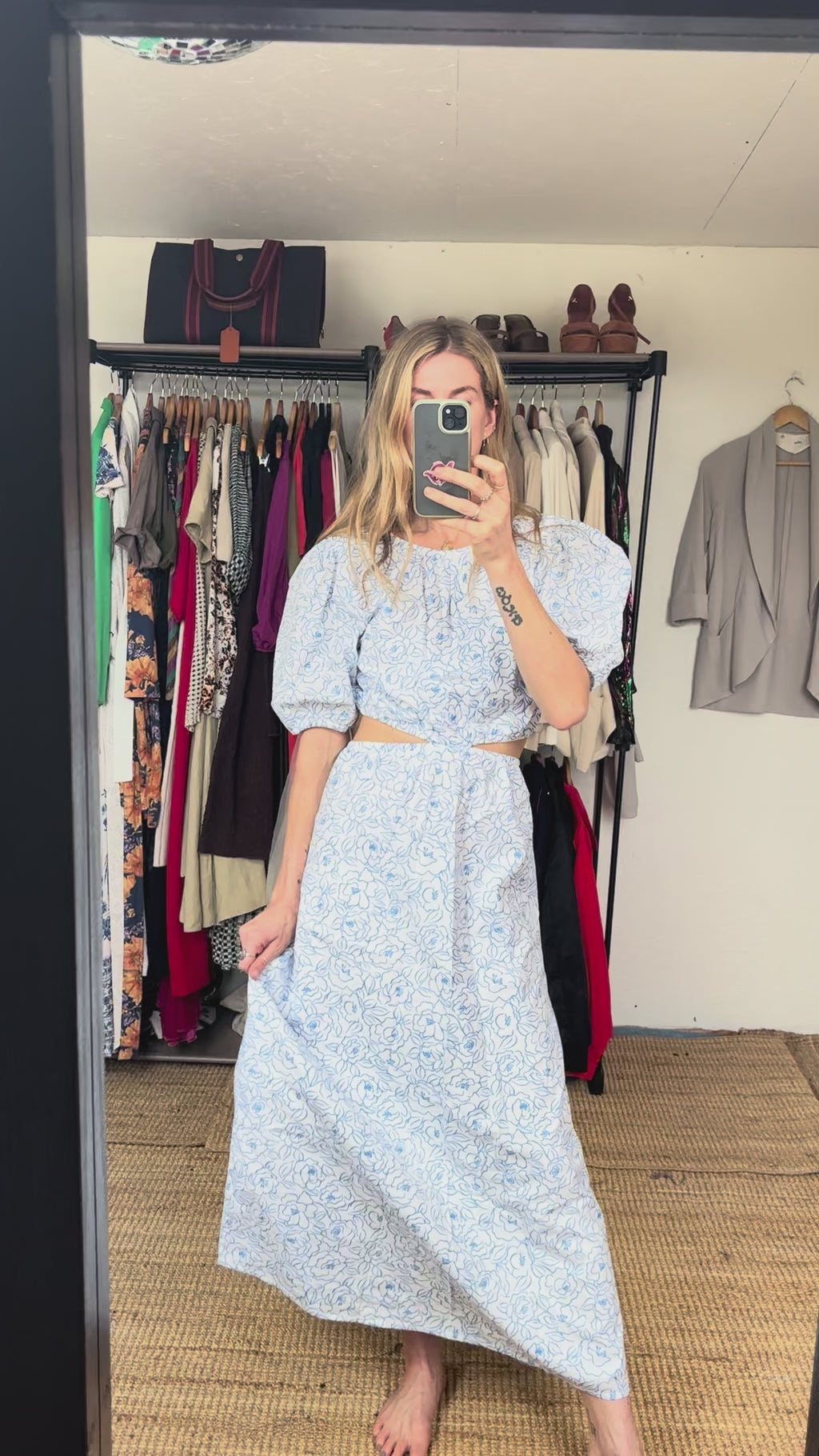 Faithful the Brand Martine Floral Print Alessandria Midi Cut Out Floral White with Blue Dress