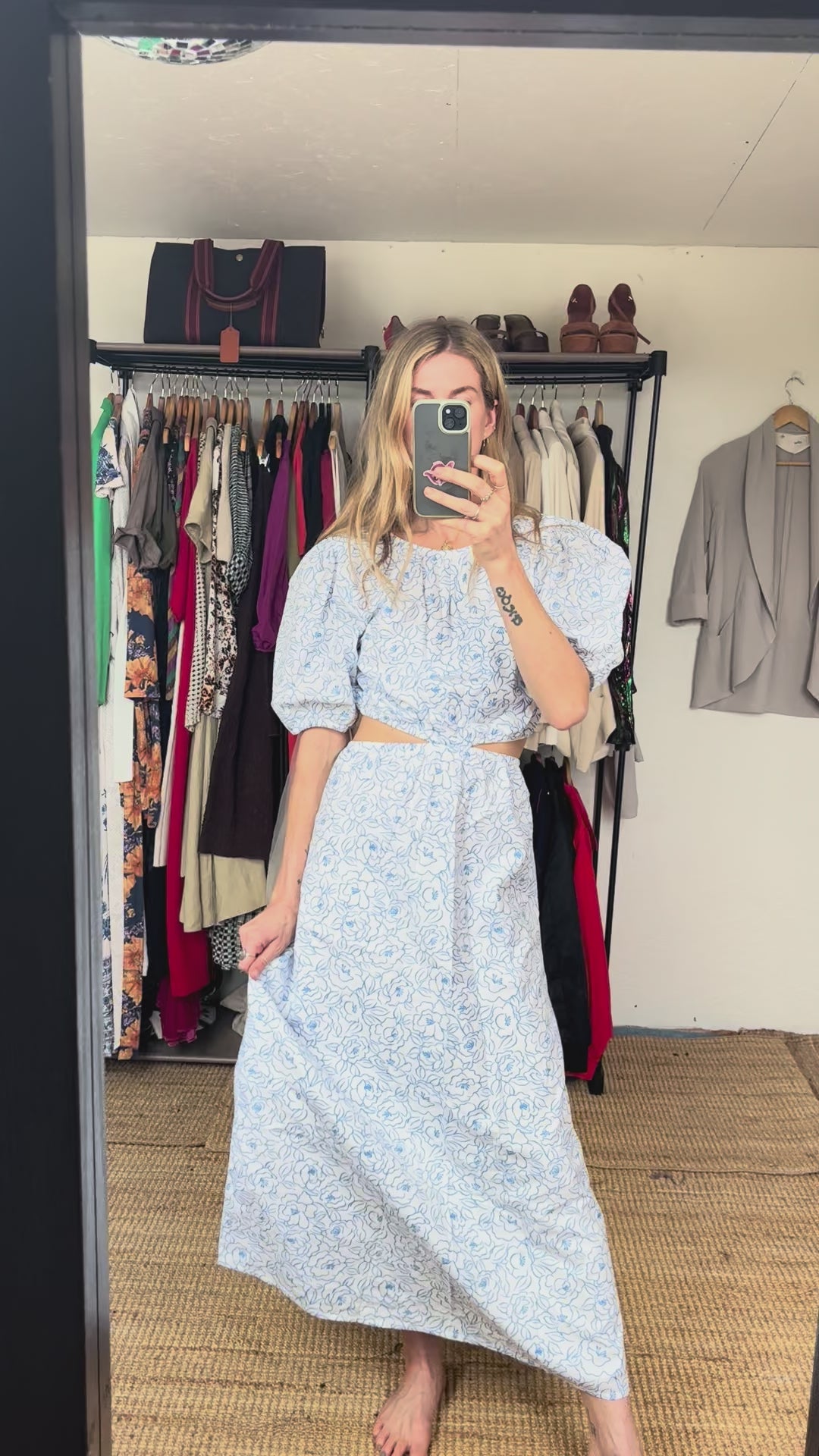 Faithful the Brand Martine Floral Print Alessandria Midi Cut Out Floral White with Blue Dress