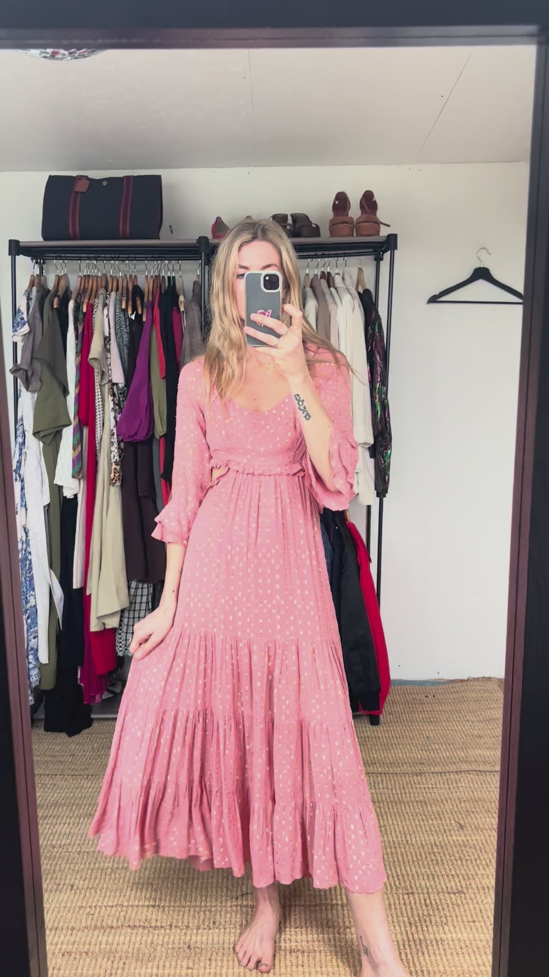 Anthropologie RAHI Dusty Pink Gold Metallic Polka Dot Cut Out Boho Maxi Dress