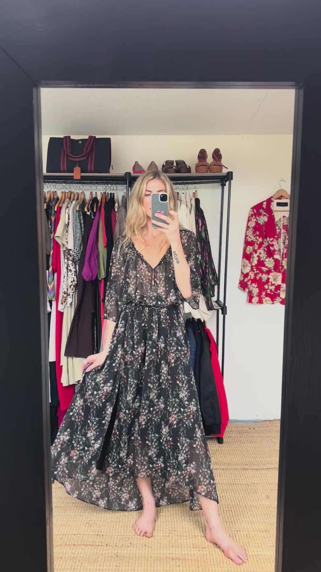 IKKS Women Black Floral Plunging Neckline Bell Sleeve Boho Maxi Dress