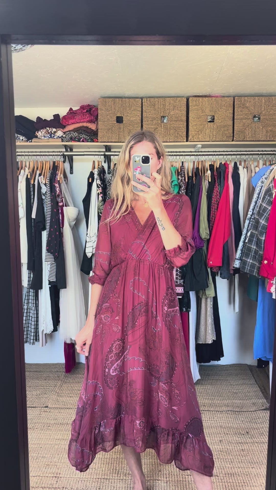 Vintage Anna Melan Made in Italy Boho Burgundy Maroon Paisley Print Ruffle Silk Blend Midi Dress