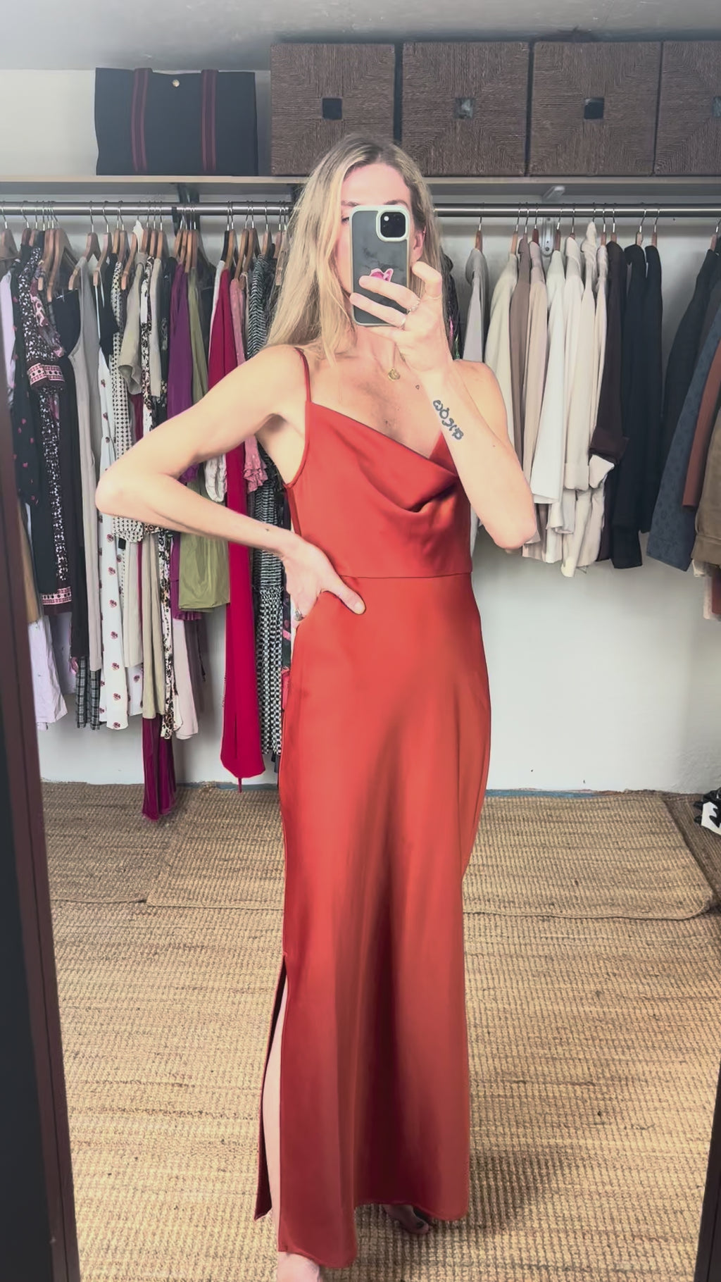 BHLDN Anthropologie Burnt Orange Terracotta Rust Spaghetti Strap Cowl Neck Satin Effect Maxi Slit Slip Gown Dress