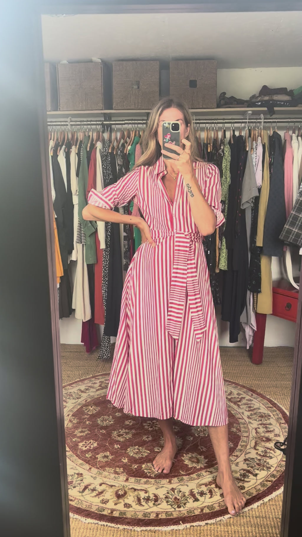 Zara 100% Cotton Red White Stripe Midi Maxi Button Down Collared Shirt Dress