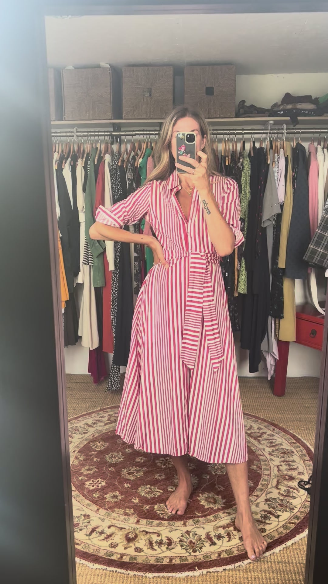 Zara 100% Cotton Red White Stripe Midi Maxi Button Down Collared Shirt Dress