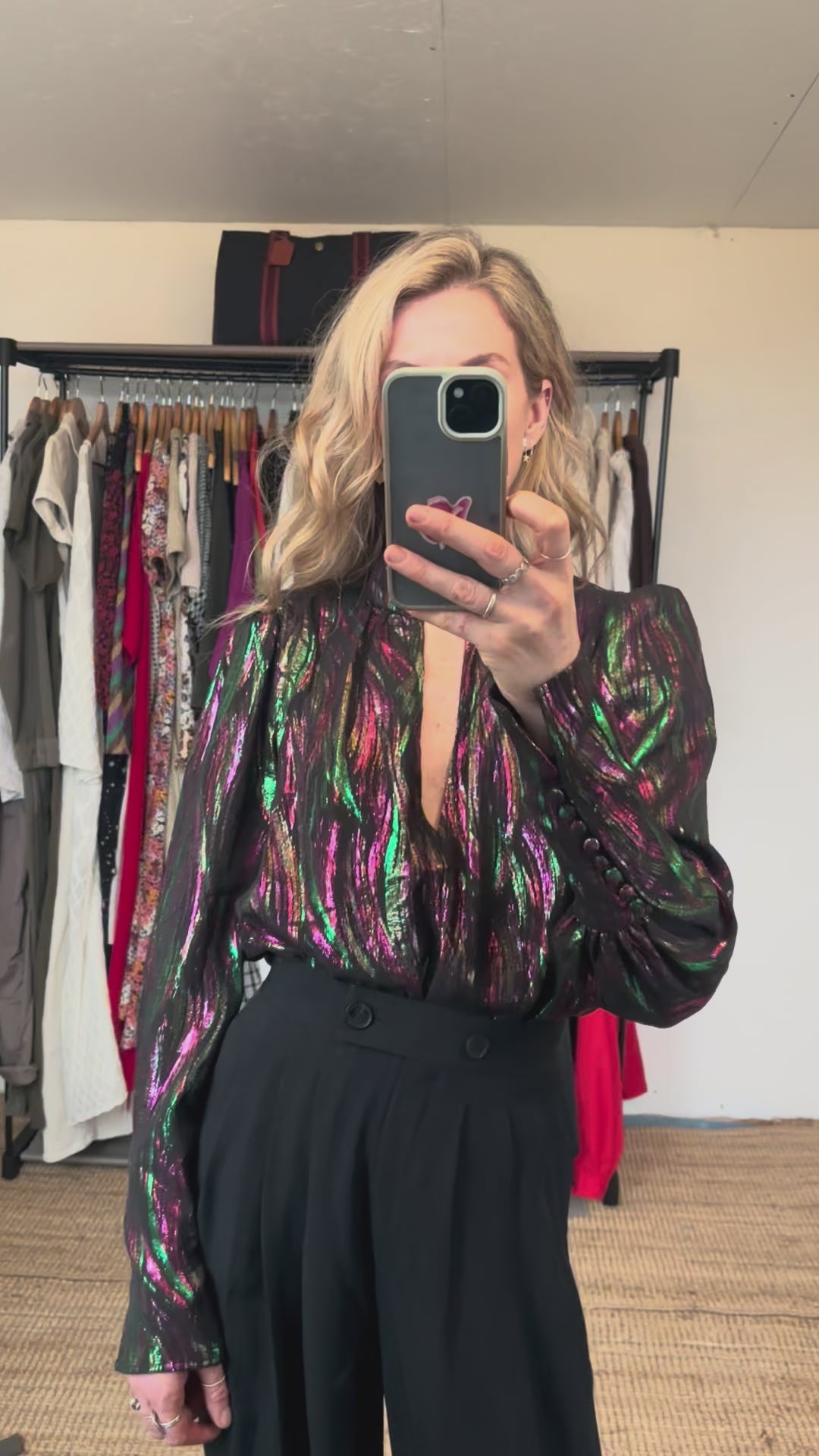 SALONI Silk Tania Black Green Pink Metallic Iridescent Long Sleeve Blouse Top